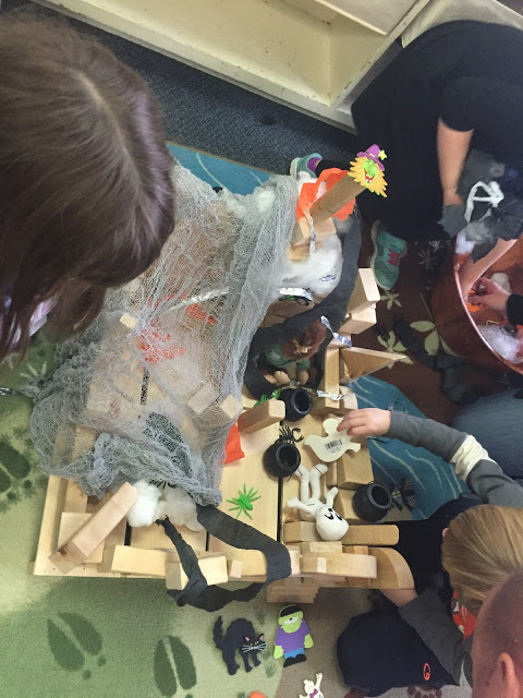adding haunted house props to your block center for your kindergarten halloween party