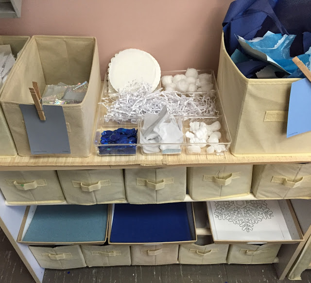 kindergarten art center set up for collage making