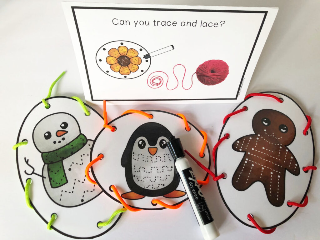 tracing and lacing cards in kindergarten for fine motor practice